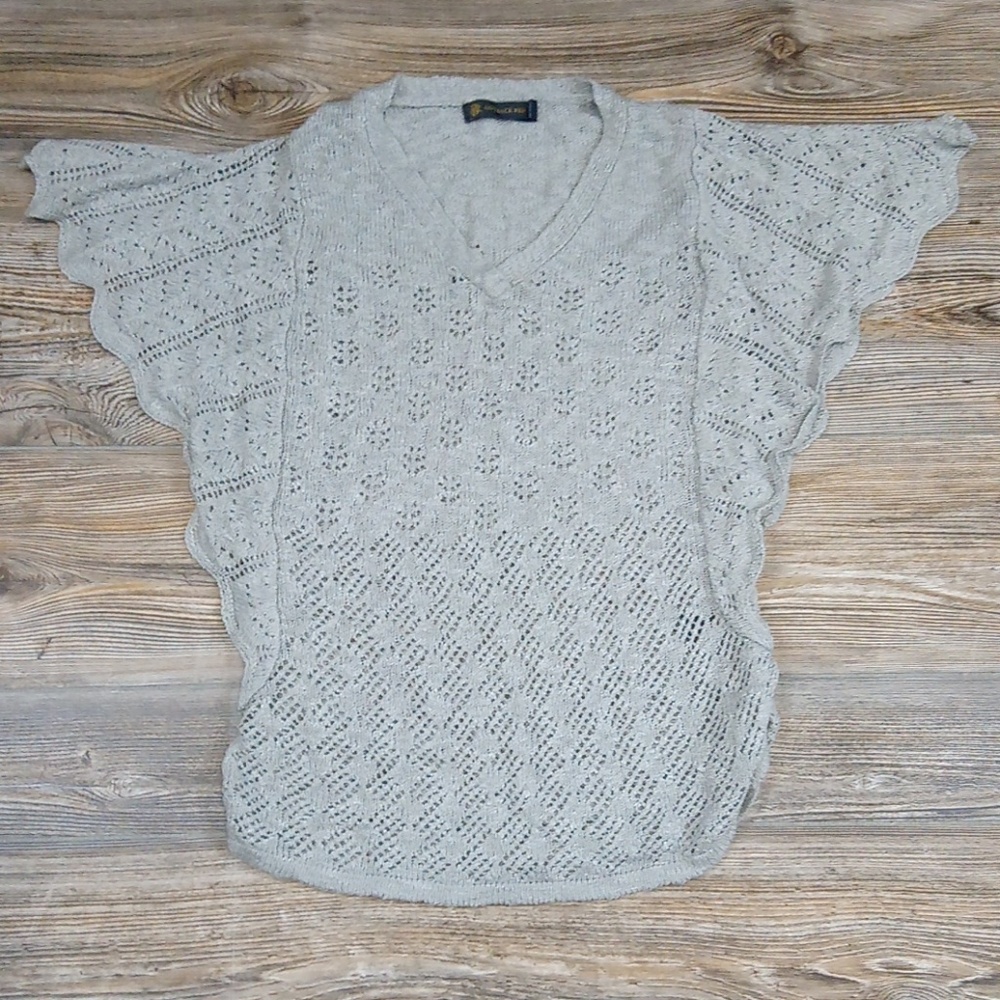 Cozy Flare Sleeve Fitted Knit Crochet Gray Flowy Sweater Top Blouse Shirt